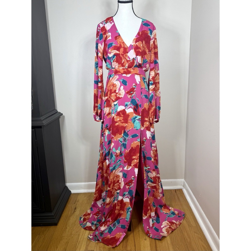 Lulus Carolita Womens Maxi Dress Size S Pink Floral Long Sleeve‎ Side Slit Lined